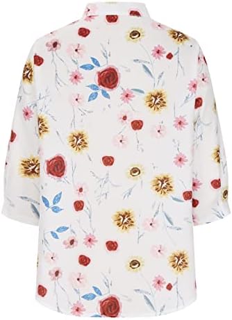 Womenените 3/4 ракав маичка со маичка, боја блуза, ринезон Туника врвови против вратот, цветни печатени маички пролетни летни