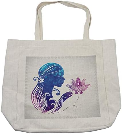Ambesonneенска кеса за шопинг, девојче силуета со цвеќиња на нејзините цветни украси за коса, медитација спа-уметност, еко-пријателска торба