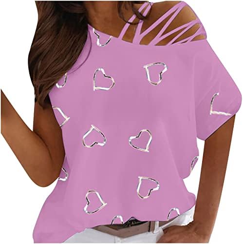 Тинејџерски девојки врвови сакаат блузи со печатење маички без ремен на кратки 1/2 ракав со еден рамо брод, искријте ги врвовите