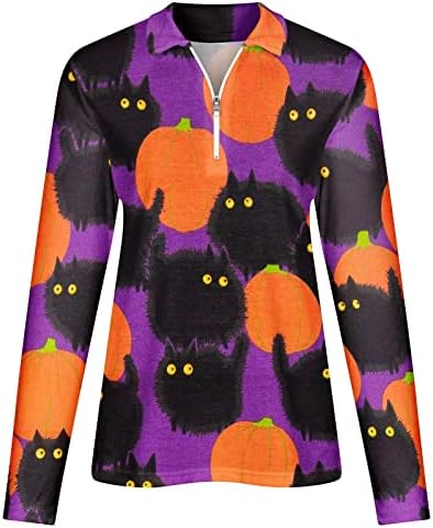 Женски кошули за Ноќта на вештерките со долги ракави кошули смешни мачки тикви графички пуловер трендовски патент против вратот блуза маички