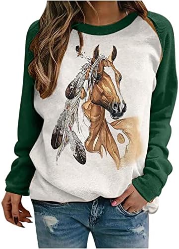 Кошарка за сликање на коњи, женски модни бои, џемпери во боја, долги ракави, врвови на екипажот на рафан, симпатични џемпери на пуловер
