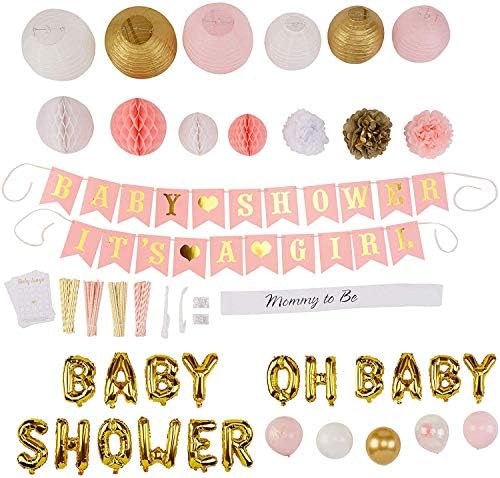 Премиум девојче бебешки туш украси розови и златни | Целосен сет вклучувајќи 120 балони | Тоа е девојче -банер, пом помс, фенери, итн. За