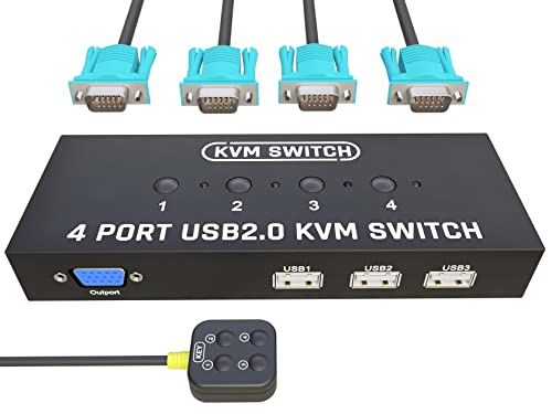 KVM Switch VGA 4 Port - VGA KVM прекинувач за 4 компјутери Сподели 1 монитор и 3 USB 2.0 уреди, печатач за скенер на глувчето за тастатура, U диск, без возач за сите оперативни системи, ?