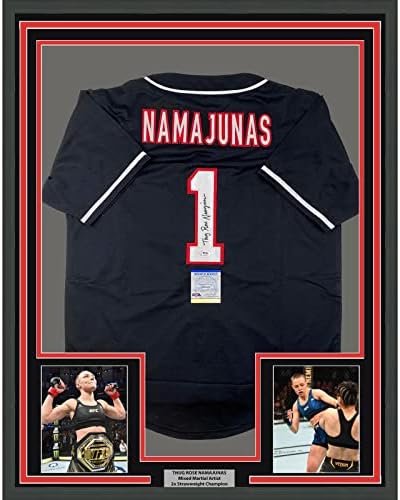 Врамено автограмиран/потпишан Thug Rose Namajunas 33x42 Jersey кошула PSA/DNA COA - Автограмирани дресови на UFC и стебла
