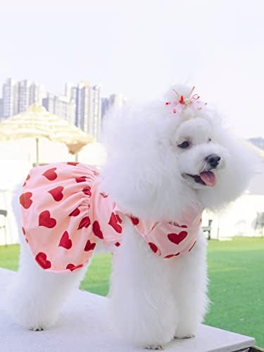 Qwinee срце печатено кучиња фустани со лак декор, вратоврска за коса, слатко кученце здолниште, мачка фустан, роденденска венчавка
