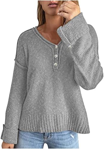 Chintенски плетен џемпер v врат -џемпер, случајно копче со долг ракав, Хенли пуловер џемпери преголеми есен зимски скокач врвови