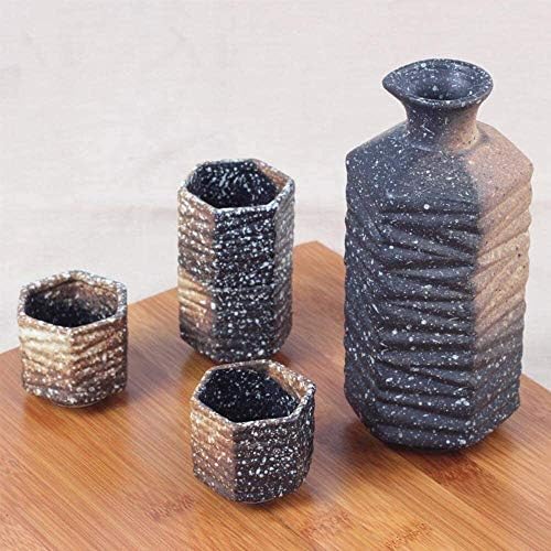Јапонски 5 парчиња сет, 14oz Seke Cup Set, кафеави ромбус ленти керамички чаши, необична текстура, за ладно/топло/Shochu/чај 21223
