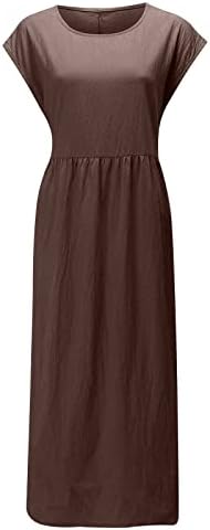 Хоксин женски летен обичен фустан Бохо плус големина памук постелнина макси фустани капаче за ракав цврсто лабава проточна плетена долга санџа
