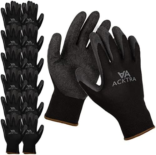 Acktra обложени најлонски безбедносни ракавици 12 пара, плетени манжетни за зглобот, повеќенаменска, за мажи и жени, WG008 Црн полиестер, црн латекс, среден