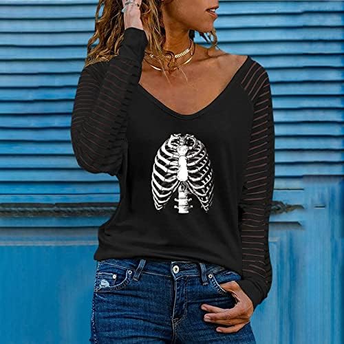 Womenените Ноќта на вештерките Скелет за срцев печатен маица, жените спојле ракав есен кошула V вратот графички женски врвови лето