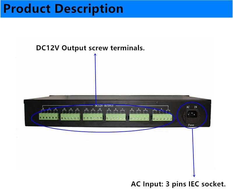 Eversecu 17ch DC12V 30 AMP 1.5U/19 Rack Mount PTC осигурувач CCTV напојување со метална кутија, AC приклучок за безбедносни камери, DVRS,