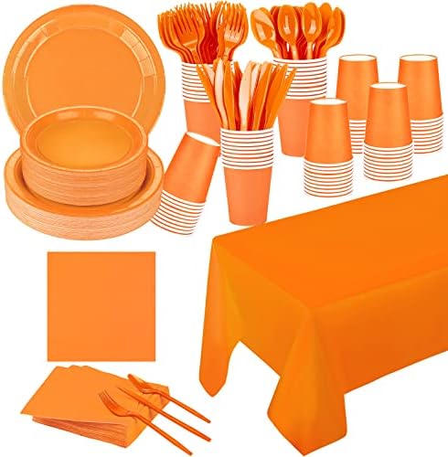 Слики за забави од портокалова партија Twowyhi 229 парчиња Поставете хартиени плочи за еднократна употреба чаши пластични лажици вилушки ножеви