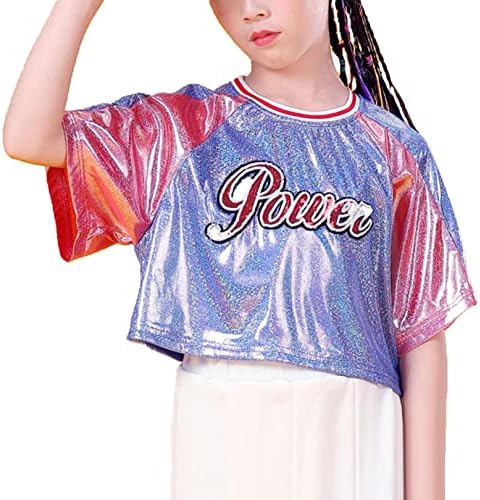 Девојки за девојчиња за девојчиња сјајни метални кратки ракави маици врвови за танцување навивачки костими за перформанси