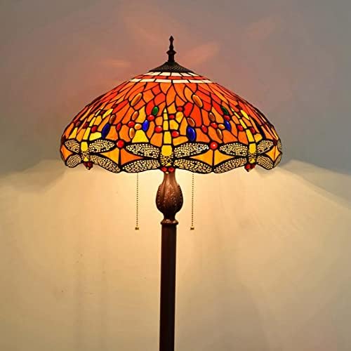Светилка за трпеза во стилот на Тифани, витана стаклена ламба со црвена ламбаж, гроздобер биро за читање светло со метална база за спална соба