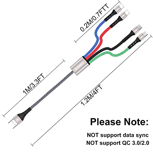 Siqiwo кабел за повеќе полнење [2pack 3a 4ft], најлонски плетенка 4 во 1 USB Брзи полнач со полнач со адаптер за порта 2IP Micro