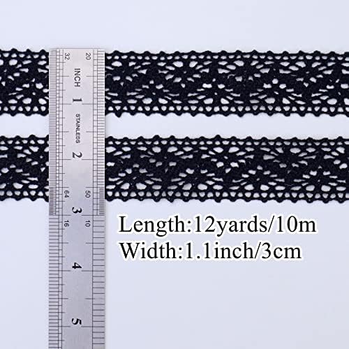 Црна чипка лента 12 јарди памучна шиење чипка за чипка на капчиња за занаети, завиткување на пакети за подароци, декорација на