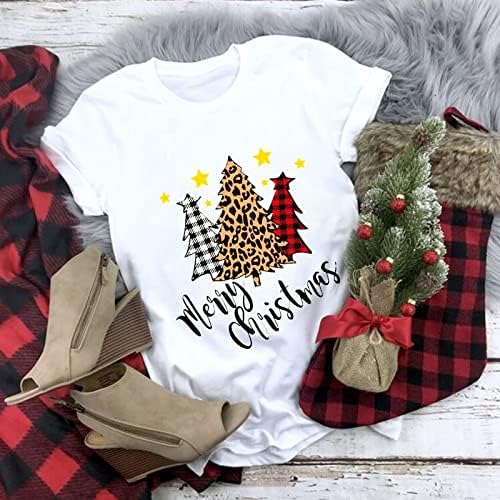 Божиќни Врвови За Жени Карирани Маици Со Печатени Дрвја Кошули Со Кратки Ракави Маица Со Кружен Врат Блуза Летен Пуловер