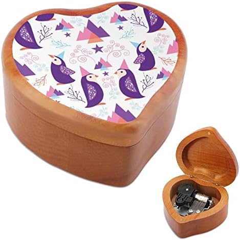 Смешни Дедо Пенгини Дрвена музичка кутија со форма на срцева форма на музички кутии гроздобер дрво кутија за подарок