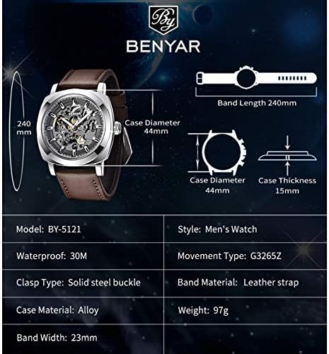 Benyar Автоматски Часовници За Мажи | Скелет Механички Кожен Ремен Машки Часовник | 45mm Бирање | 30M Водоотпорен | Машки Стилски Подарок