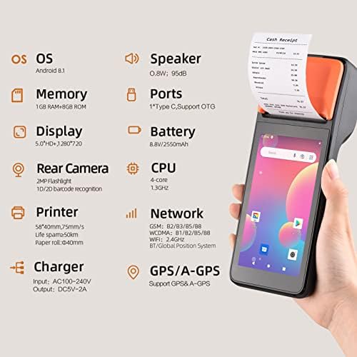 Bisofice POS приемниот печатач Android 8.1 1D/2D скенер за баркод PDA терминал 3G WiFi BT комуникација со 5,0 екран на допир
