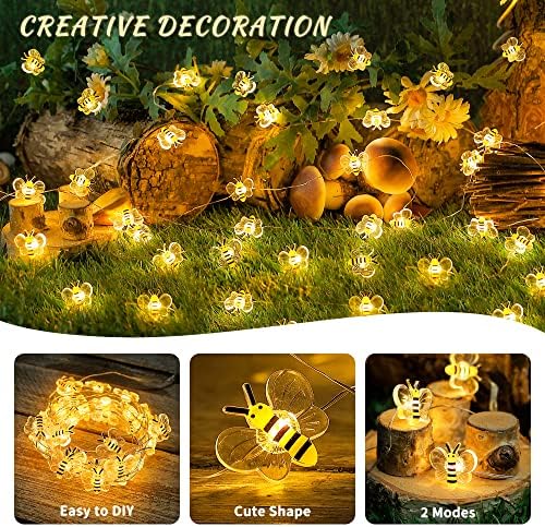 Светла за декор на пчели Oopswow, 10 -тина 30 LED симпатични светла за пчела, стринг светла батерија, пчели градинарски самовила за спална соба,