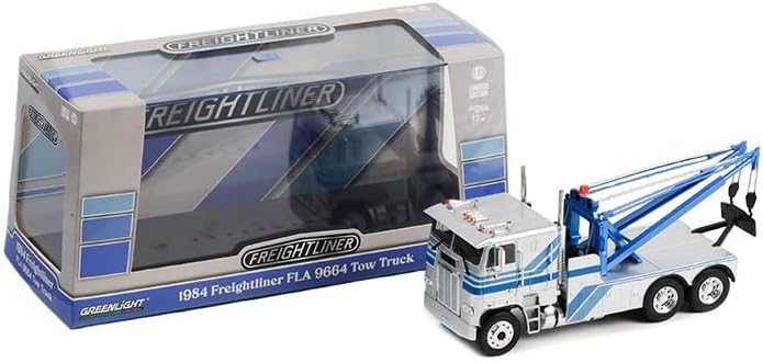 Greenlight 86632 1984 FrightLiner FLA 9664 TOUN Truck -Silver со сини ленти 1/43 скала