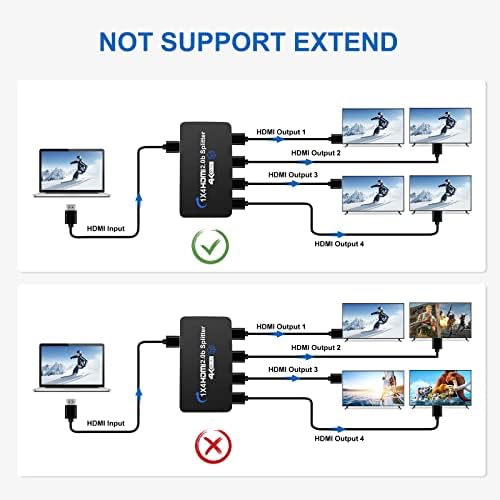 4K@60Hz HDMI Splitter 1 во 4 Out, HDMI Video Splitter 1x4 v2.0B напојување, поддршка 1080p@120Hz Дупликат/огледален монитор на