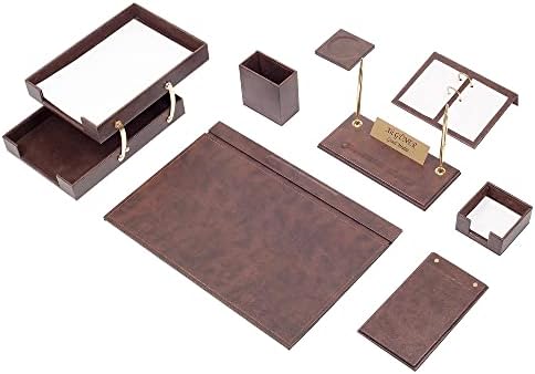 Moog Brown Leather Desk Set - Подлога за биро - држач за хартија - држач за пена - кожен прицврстувач -Дек додатоци -Организатор - Организатор