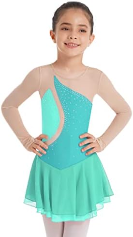 Агоки Девојки девојки мрежи крпеница ринестон фигура мраз лизгање фустан руфле поглава балет лирски костум за танцување