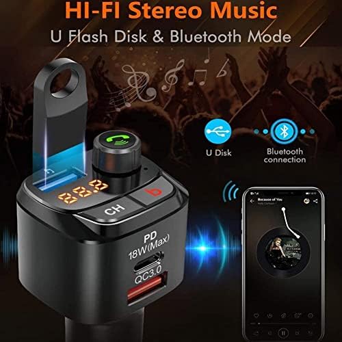 KJHD Bluetooth 5.0 CAR FM Microphone Безжичен FM полнач за полнење брз тип-C PD CAL CAR QC3.0 без раце 18W 18W