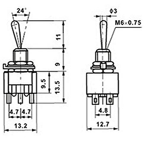 TWTADE / 10 PCS MINI прекинувач за вклучување на 3 позиции 6 пинови DPDT AC 125V 6A + 10 PCS водоотпорен капа MTS-203