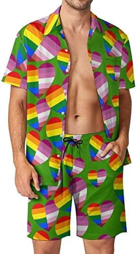 Weedkeycat ЛГБТ трансродова гордост знаме на гордоста срцев машка облека за плажа 2 парчиња хавајски копче надолу со кошула кратки ракави
