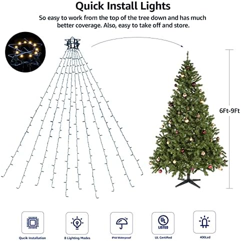 Светла за новогодишни елки со прстен 400LEDS 10 реда низа светла Божиќни украси со 8 модели и мемориска функција, водоотпорна самовила