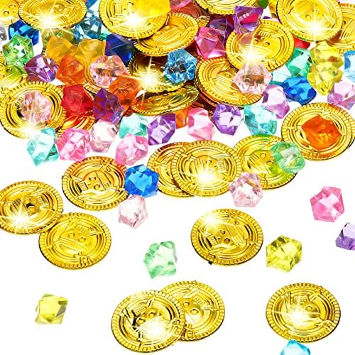 150 Парчиња Пластични Пиратски Златници Скапоцени Камења Во Акрилна Боја Пиратски Монети Лажни Скапоцени Камења Закопани Пиратски