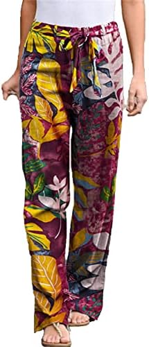 Maiyifu-GJ жени цветни печатени постелнини со постелнина, еластични високи половини, печатени хипи панталони, обични плажа широки