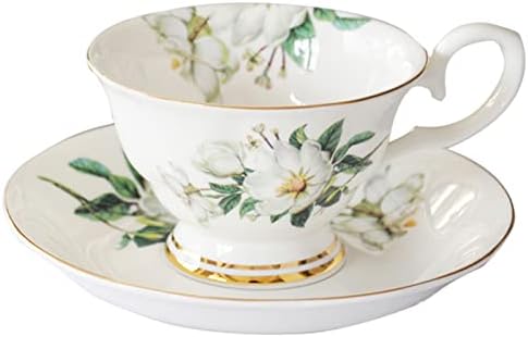 Емој бела цветна порцеланска чаша чаша чаша чаша и чинија 5oz гроздобер кригла за подарок за чај од лате Капучино чај