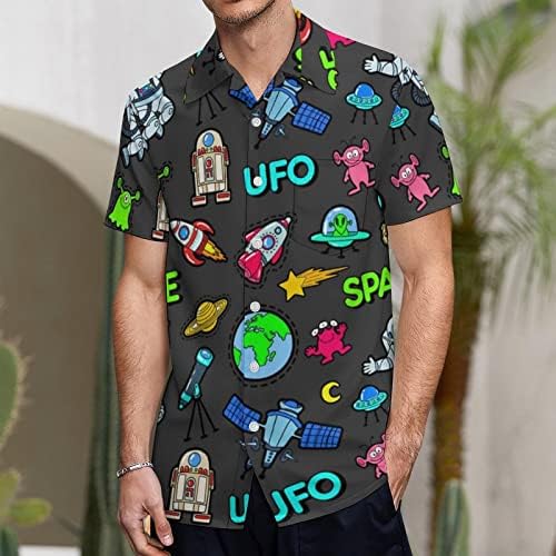 Вселенски планети и НЛО Вонземјани Машки хавајски кошула со кратки ракави џебни тенок копче надолу смешно