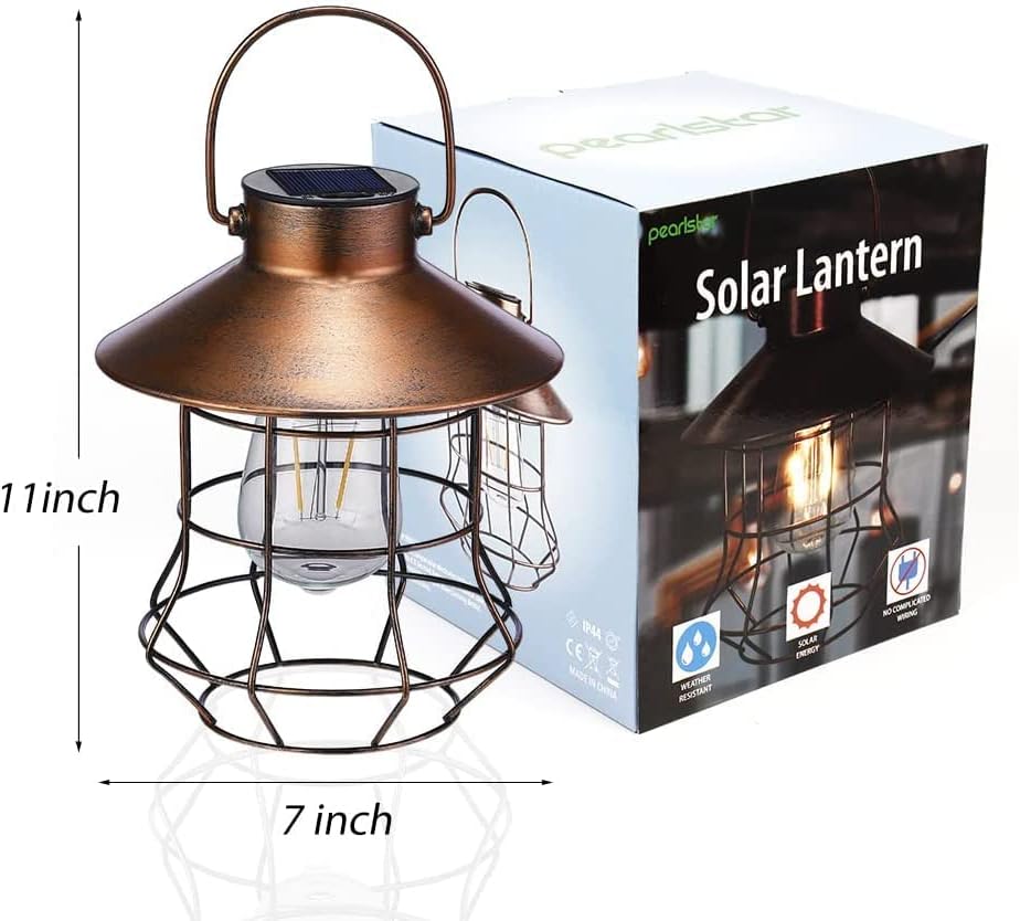 Виси соларна светлина Фенер на отворено - Перлстар гроздобер соларна водоотпорна метална фенер со сијалица Едисон, одличен декор за