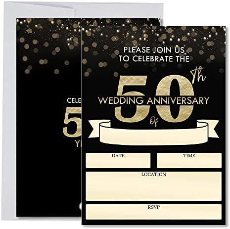 Партија 50-годишнината Свадба Партија Покани Со Коверти, Црна И Злато Годишнината Украси И Материјали, 20 Пополни Покани Картички
