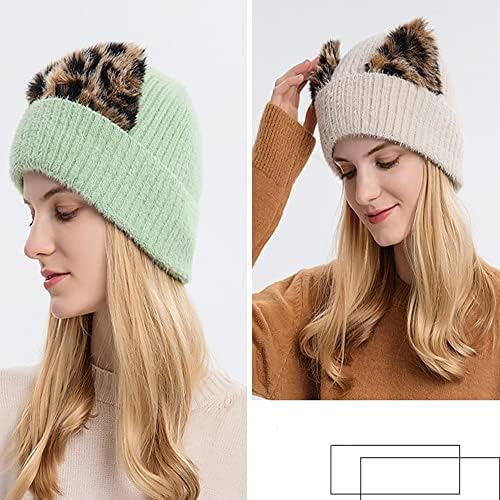 Yekeyi beanie капа за жени симпатична мачка уво зимска капа со рогови со рогови, плетени манжетни топло скијачки капачиња