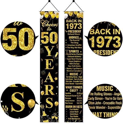 50-Ти Роденден Врата Банер Украси За Жени Мажи, Црно Злато Среќен 50-Ти Роденден Назад во 1973 Година Трем Знак Партија Материјали,